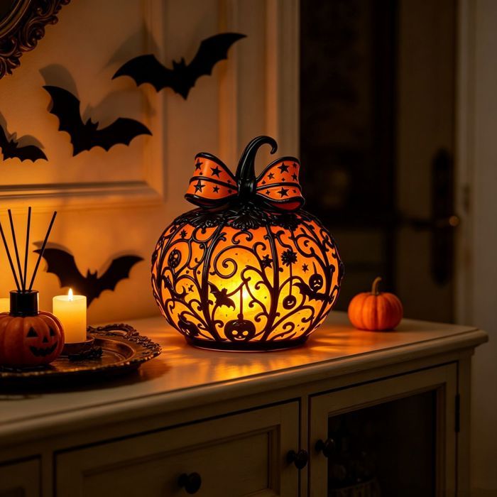 Lampe citrouille Halloween résine - Style Tiffany - Nœud papillon - Grand modèle 15 cm - Déco de table