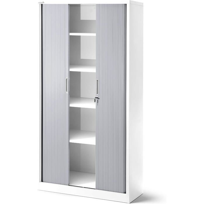 Jan Nowak Armoire à Rideaux Métallique 4 Étagères Réglables Porte Coulissante Verrouillable 185x90x45 cm Blanc/Gris
