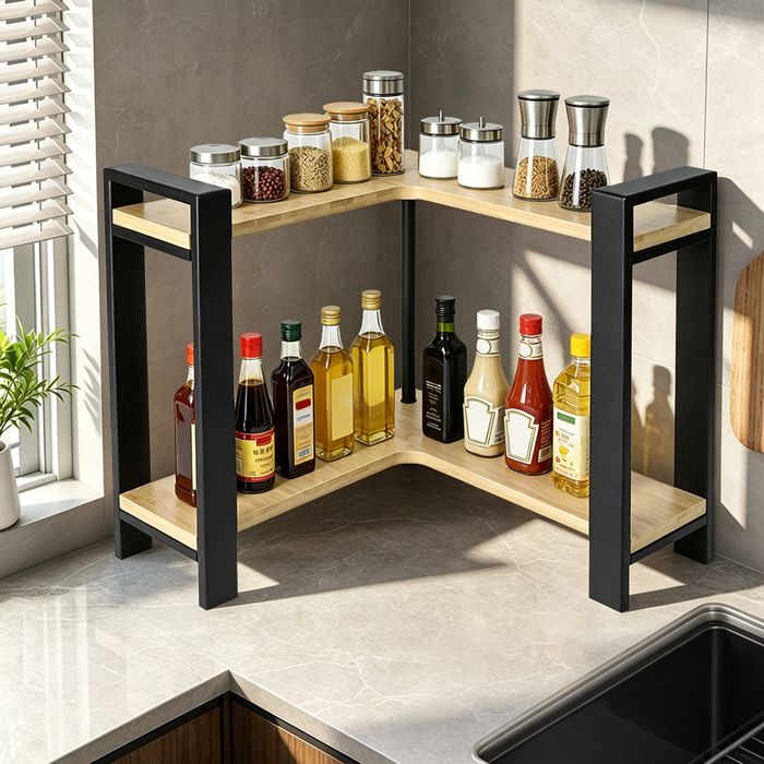 Étagère dangle double couche en forme de L - Bambou - Gain de place - Coin/Cuisine/Salle de bain -Couleur bois naturel 30*30*33cm