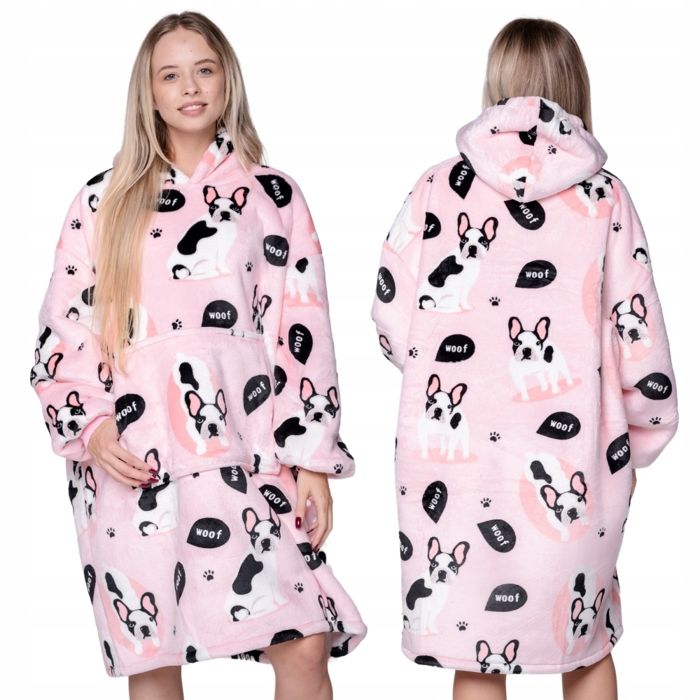 Couverture Plaid Sweat oversize motif bouledogues sherpa polaire capuche poche taille unique XXL Couverture Plaid Sweat oversize motif bouledogues sherpa polaire capuche poche taille unique XXL