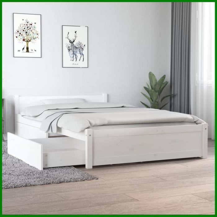 Cadre De Lit Blanc 140x190cm Avec Tiroirs – Bois D'ingénierie, Neuf