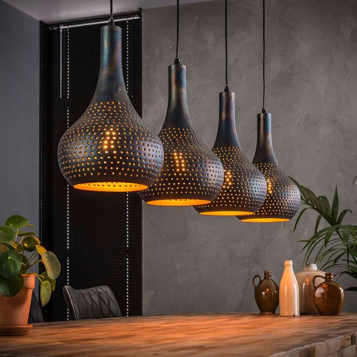 Suspension industrielle 4 lampes coniques en métal brun noir - AMP