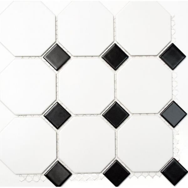 Mosaïque Céramique Octogonale 30x30 Cm – Blanc Mat Et Noir Brillant, Style Vintage