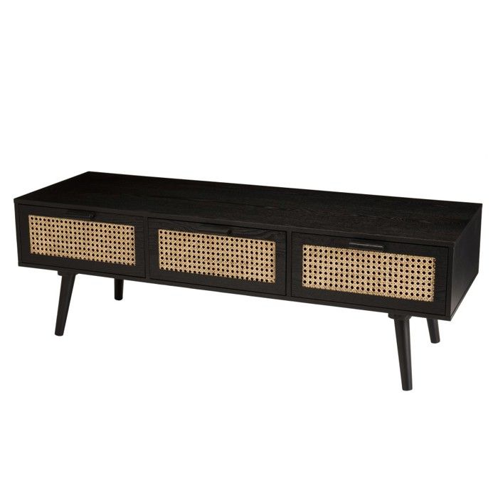 Meuble TV bois noir 3 tiroirs cannage - MACABANE - EMILIO - Scandinave - Moderne Meuble TV bois noir 3 tiroirs cannage - MACABANE - EMILIO - Scandinave - Moderne