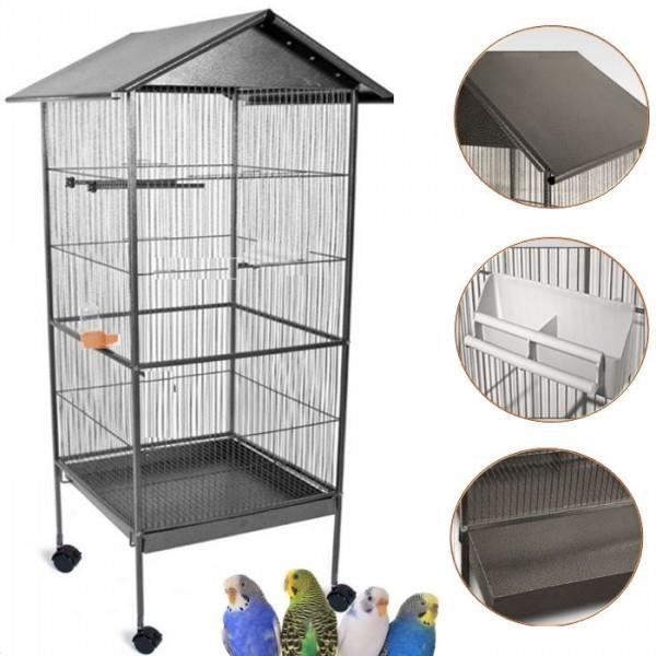 Volière Cage à Oiseaux Avec Toit 4 Roues En Métal Pour