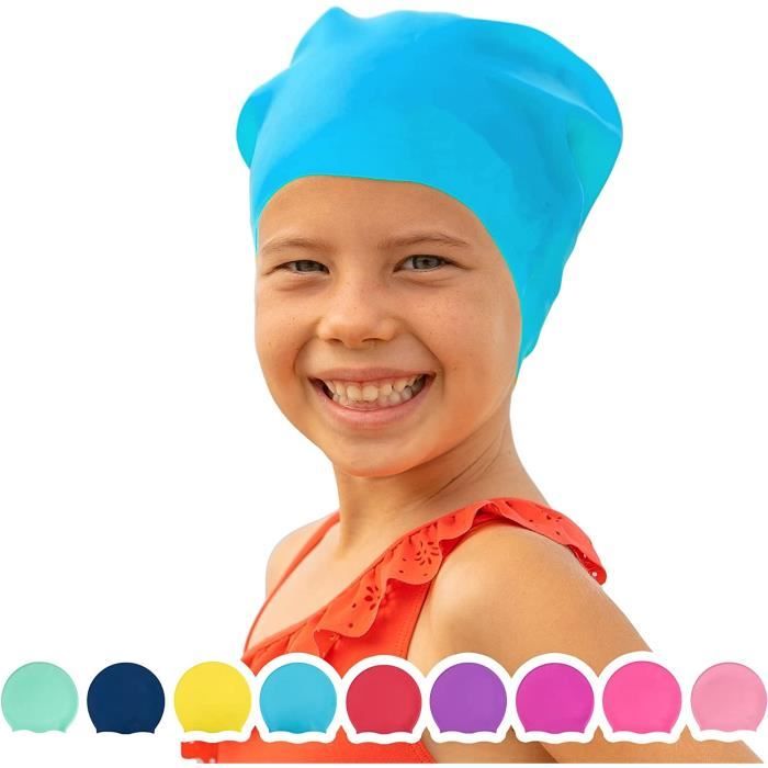 Bonnet de bain pour enfants filles de 4 à 8 ans, bonnet de bain en silicone  imperméable durable pour cheveux courts/longs avec lunettes de natation