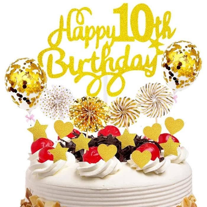 Decoration de gateau anniversaire 10 ans fille, paillettes cake topper  happy 10th birthday doré, gateau ballons confettis coe[234] - Cdiscount  Maison