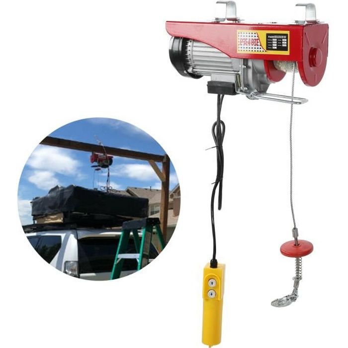Treuil électrique 220V 500W - Capacité 200 Kg (double Brin) / 100 Kg (simple) - Câble Acier 5 Mm, Longueur 12 M - Pour Atelier, Garage, Levage