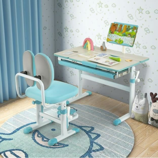 DREAMADE Ensemble Bureau Enfants avec Chaise Réglable en Hauteur avec Plateau Inclinable Pédales Pivotants pour 3-12 Ans Bleu