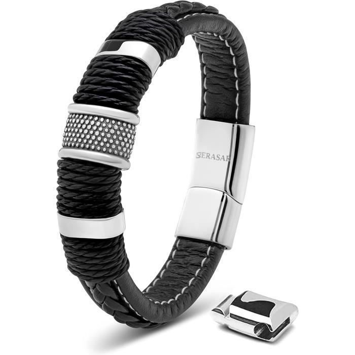 Bracelet Homme En Cuir Tressé Avec Fermoir Aimanté - Cuir Véritable, Acier Inoxydable, Fait Main
