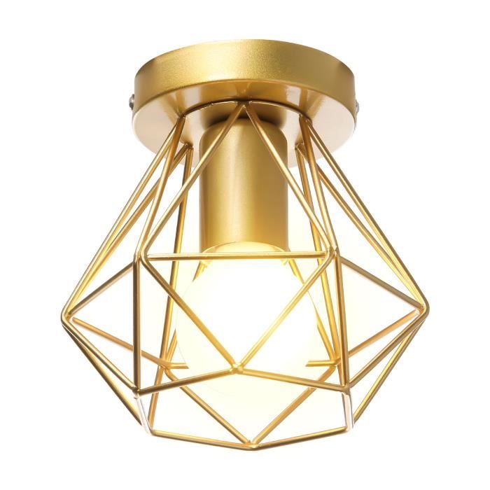 MOGOD Plafonnier Industriel Cage Forme Diamants Ø16cm Mini Lustre Suspension Vintage Rétro en Métal Fer Luminaire Doré