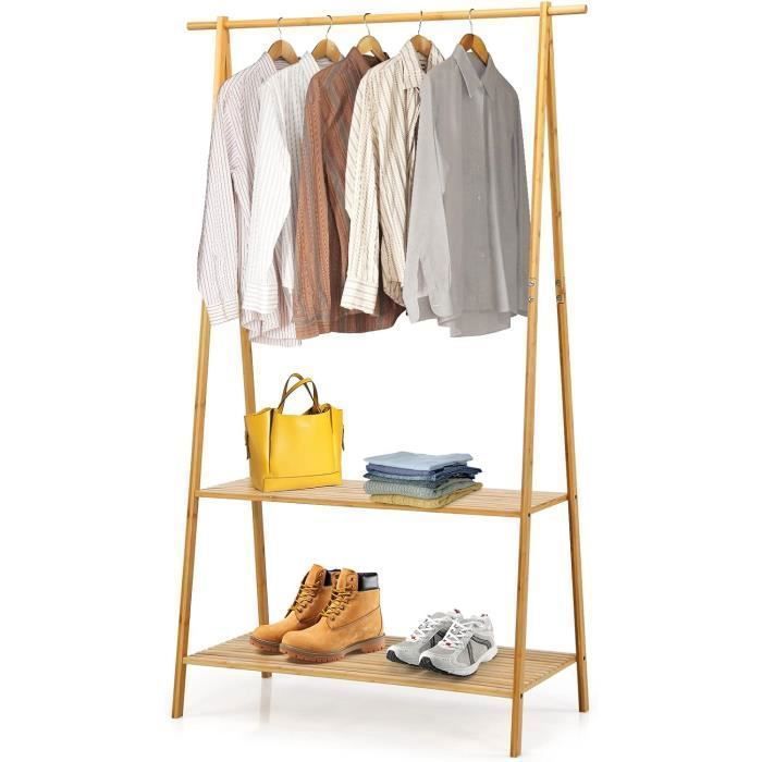 GOPLUS Penderie en Bambou Porte-vêtements sur Pieds avec 2 Étagères Tringle de Suspension Dispositif Anti-basculement