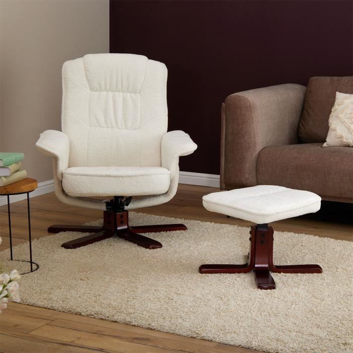 fauteuil de relaxation - idimex - charly - bouclette blanc - inclinable et rotatif