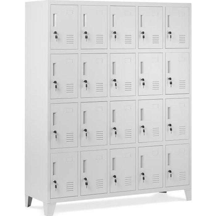 Armoire vestiaire métallique à casiers verrouillables - Avec 20 casiers - En métal - Revêtement par poudre - 172 x 136 x 45