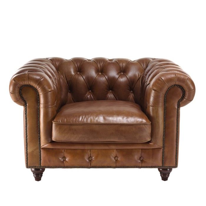 MACABANE GASTON - Fauteuil CHESTERFIELD capitonné vintage cuir marron