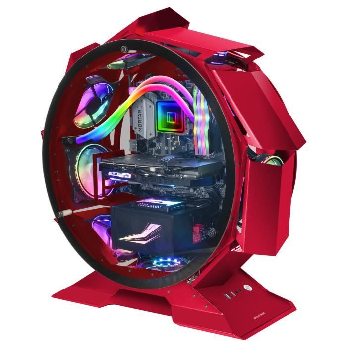 Mars Gaming MCORB Rouge, Boîtier PC Gaming Micro-ATX XL, Design Circulaire Custom, Double Vitrage Trempé