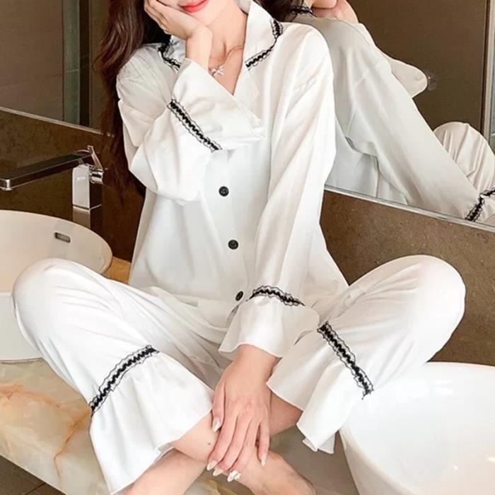 Pyjama en soie femme,Pyjama d'été en Satin à manches longues pour ...