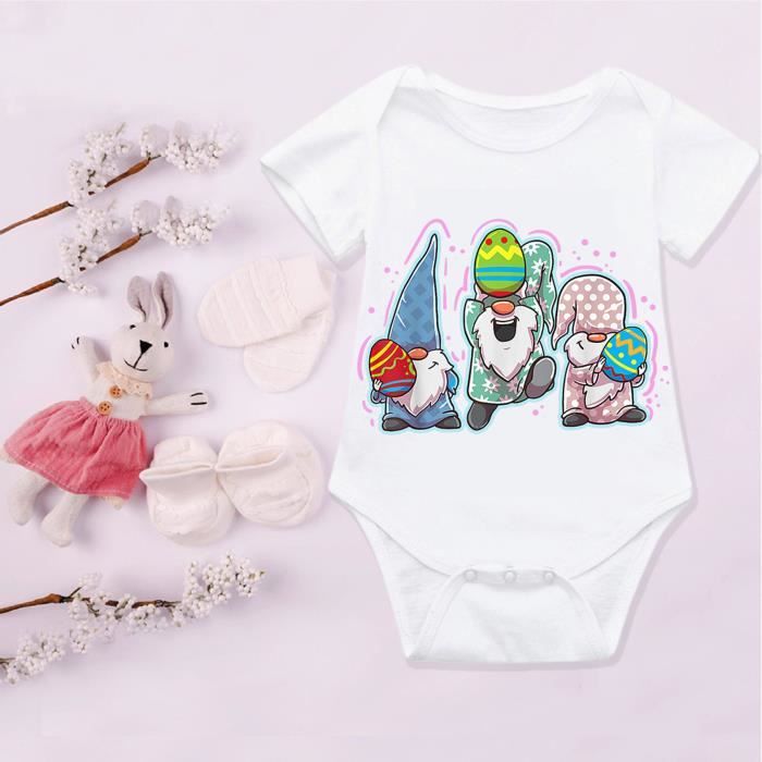 Barboteuse Lapin Brodée Bébé Fille - Robe Pâques à Volants Manches Longues Avec Bandeau