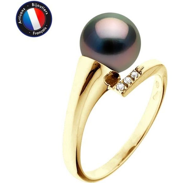 Véritable Perle de Culture de Tahiti Ronde 8-9 mm Argent Massif 925 Millièmes Qualité AA+ Pearls & Colors Bijou Femme Bague