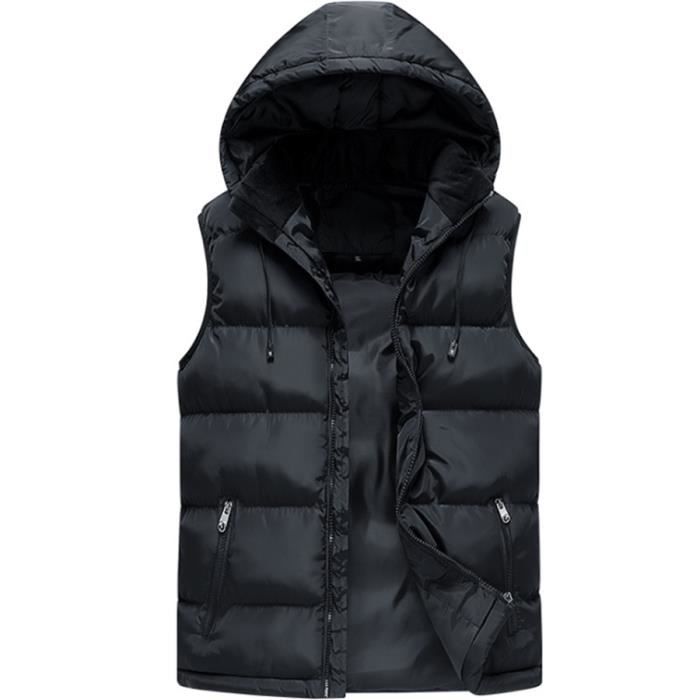 Doudoune sans Manches Gilet Homme Avec capuche Zippé épais chaud en hiver Slim Fit -Noir