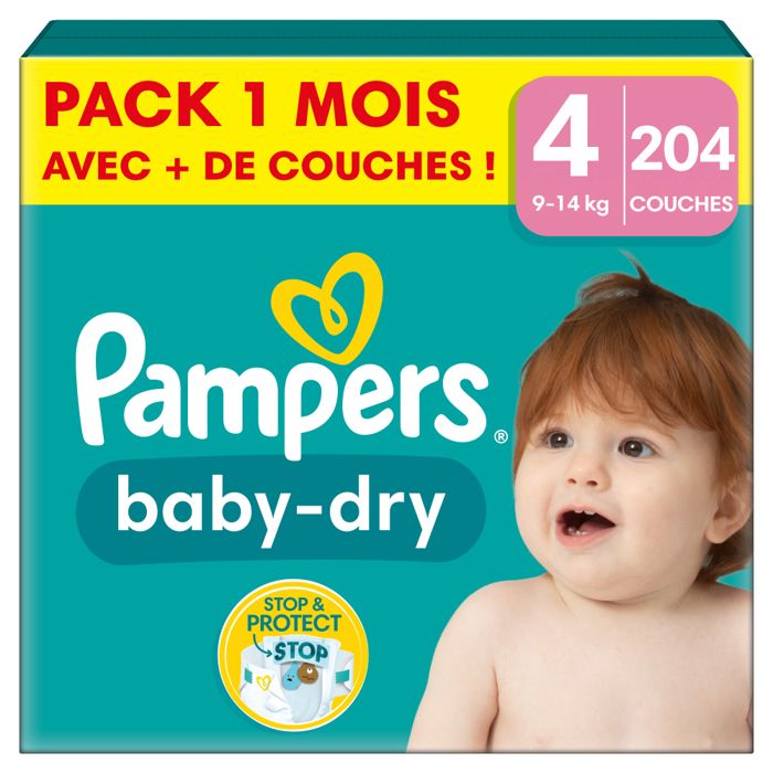 Pampers Pannolini taglia 4 (9 – 14 kg) Baby-Dry, Maxi, 204 pezzi, scatola mensile, fino a 12 ore di protezione completa contro le perdite