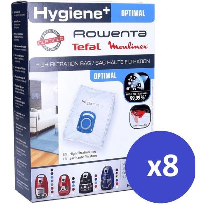 Pack de 8 sacs Haute Filtration Hygiène+ pour ROWENTA Silence Force / X-trem Power