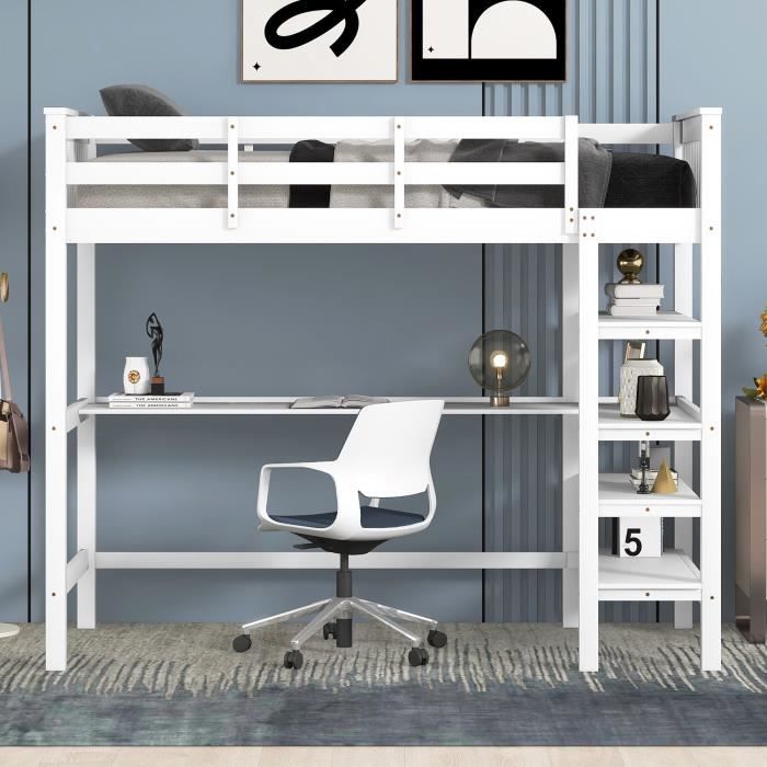 lit mezzanine enfant en bois blanc avec bureau et rangements - 90 x 200 cm - scandinave moderne