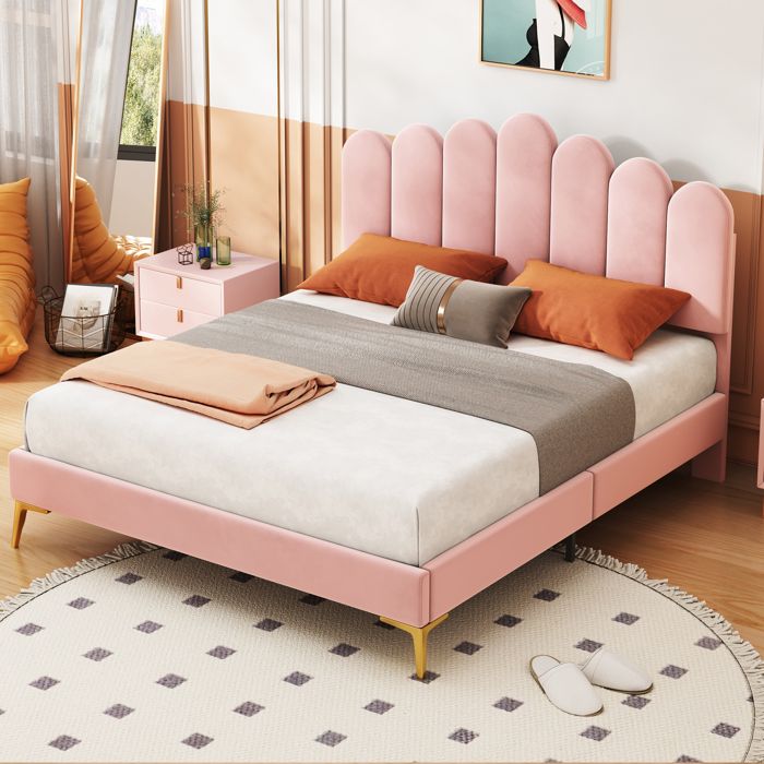 Lit Double Capitonné Velours 140x200 Cm - Tête De Lit Réglable, Pieds En Fer Doré, Forme Coquillage - Beige - 4
