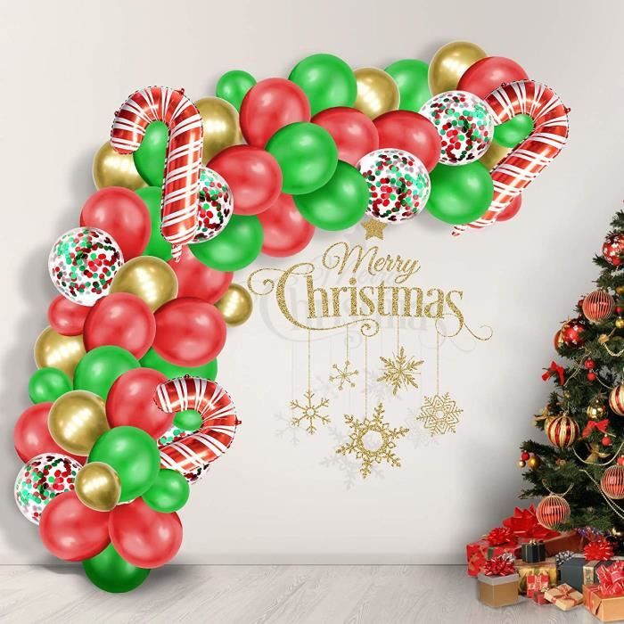 84pcs Joyeux Noël Ballon et Bâton de Père Noël 3pcs, Ballons en Latex avec  Confettis Blancs, Rouge, Vert et Or pour Décoration Noël