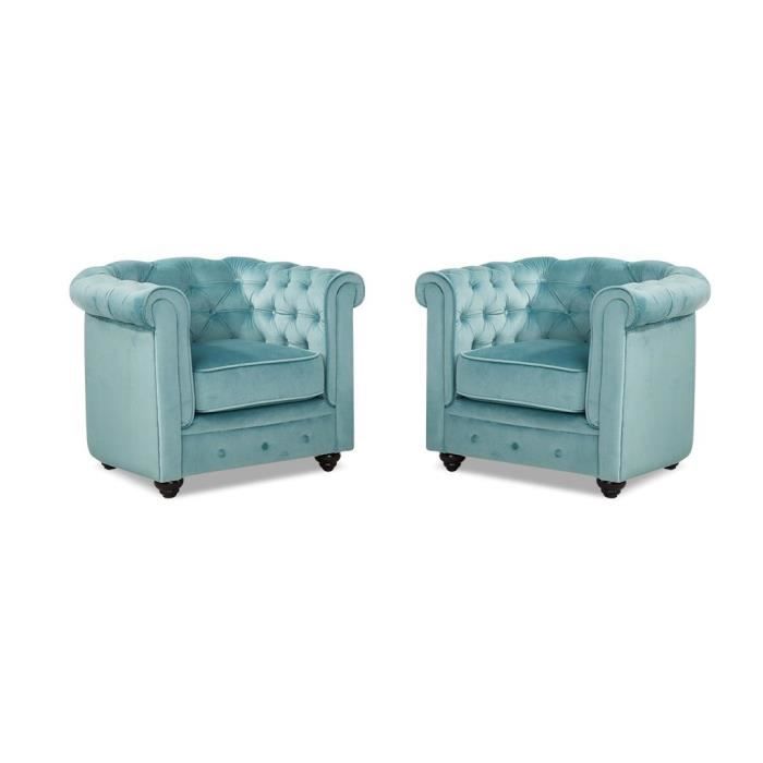 lot de 2 fauteuils chesterfield - velours bleu pastel - vente-unique - 2 places - confortable et ultra-tendance