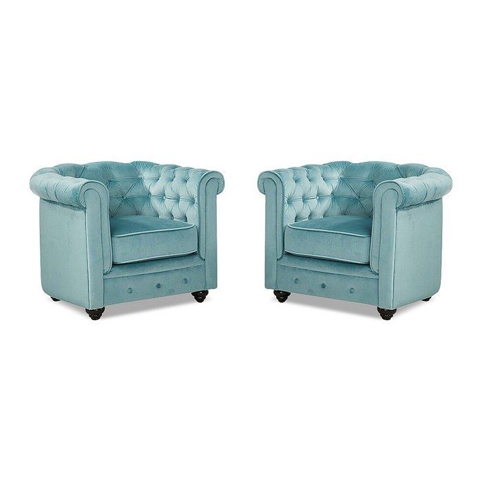 Lot de 2 Fauteuils CHESTERFIELD - Velours bleu pastel