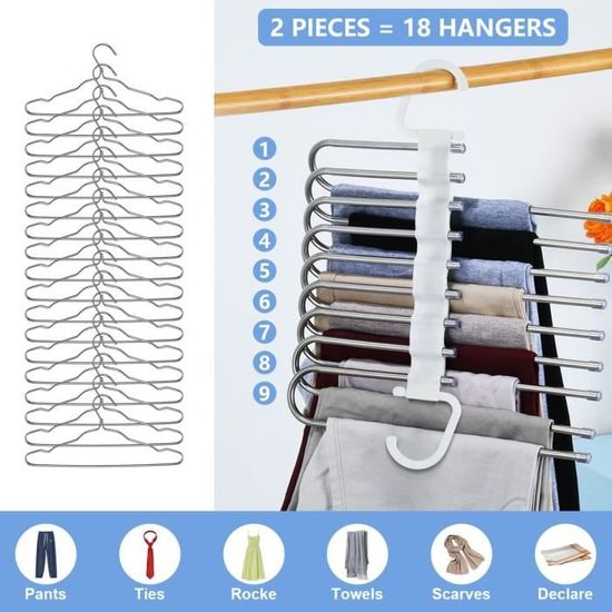 Cintre 9 Niveaux MQVXT - Gain De Place Pour Pantalons, Jeans, Robes - Accroche Horizontal Ou Vertical