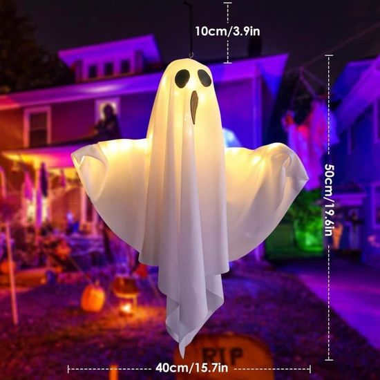 Lot De 4 Fantômes Lumineux Géants Pour Halloween - 50 X 40 Cm, LED 3 Modes, Suspendus Intérieur/extérieur - 3