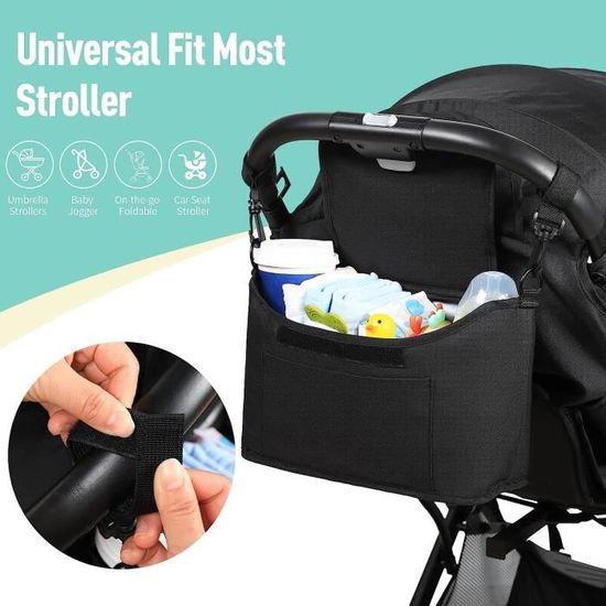 Organisateur De Poussette Universel - Porte-gobelets Isolés - Poche Zippée - Bandoulière Ajustable