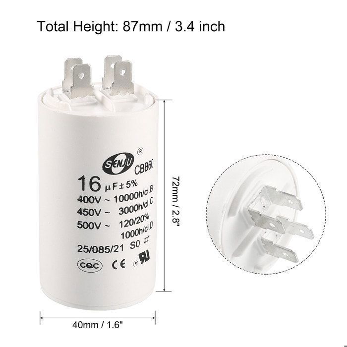 Condensateur CBB60 16µF 450V AC - Cylindre Double Insert 72x40mm, Pour Moteur De Machine à Laver, Pompe Condensateur Polypropylène Longue Durée Condensateur CBB60 16µF 450V AC - Cylindre Double Insert 72x40mm, Pour Moteur De Machine à Laver, Pompe Condensateur Polypropylène Longue Durée