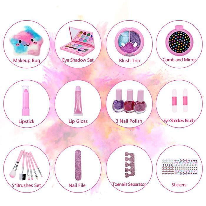 Coffret Maquillage Enfant Fille 57 Pièces - Jouet Lavable Rose Et Bleu - Âge 5-7 Ans - Thème Princesse