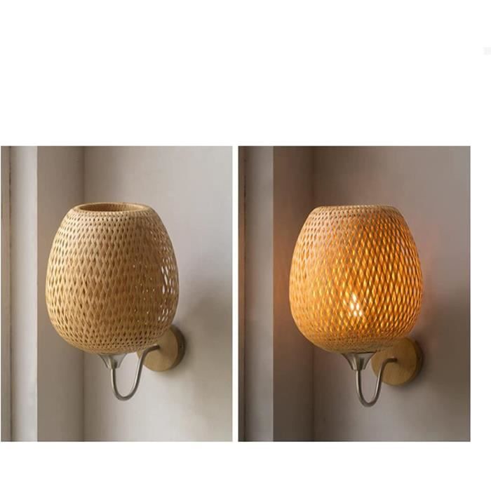 Applique Murale Vintage En Bois Et Rotin LOGT - Bras Articulé Réglable, Ampoule E27 Non Incluse | Pour Salon, Chambre, Bureau, Ambiance Bohème