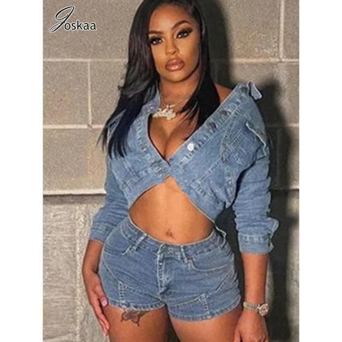 Joskaa Ensemble deux pieces en denim bleu ciel pour femme veste a manches longues short boutonne revers sexy BLEU CIEL B Blanc Cdiscount Pret a Porter