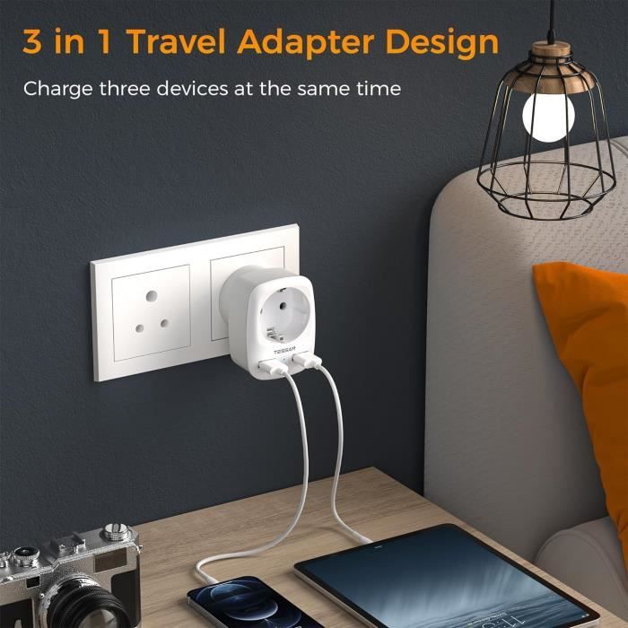 Adaptateur Voyage UK Vers Inde Type D Avec USB - MSCIEN, Prise Blanche