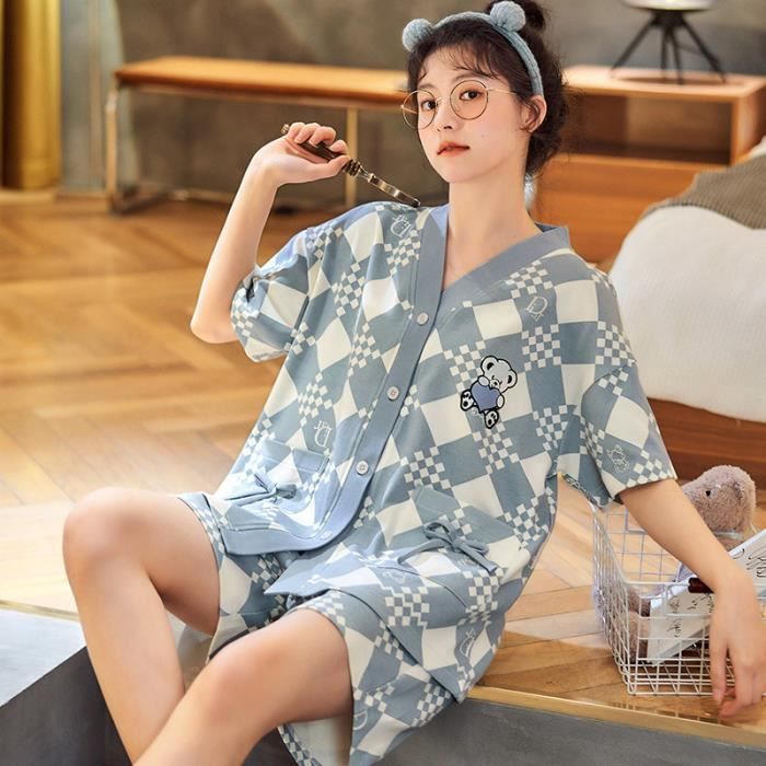 Pyjama Femme 2 pi ces Col V Manches courtes Short taille