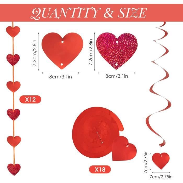 30 Décorations Cœur Tourbillonnant Pour Saint-Valentin - Guirlande Cœurs Rouge à Suspendre