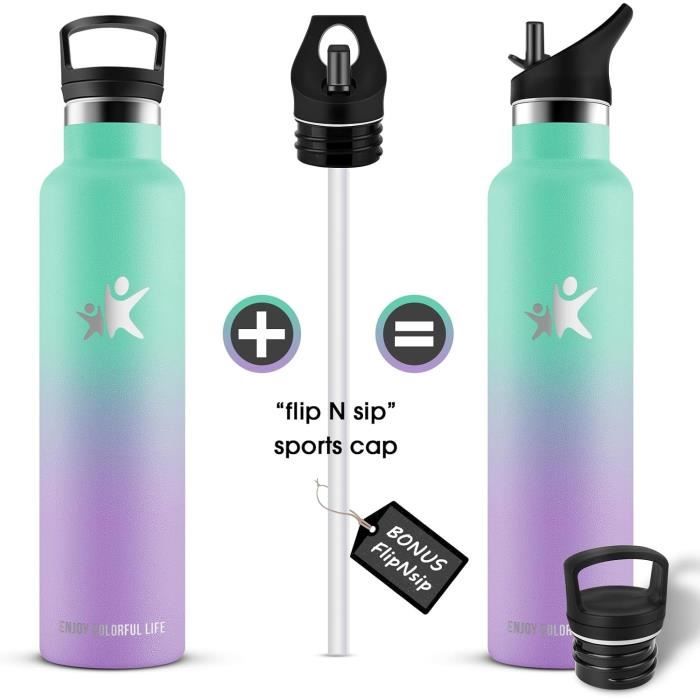 Gourde Isotherme Inox 0,75 L Avec Paille – Double Isolation, Anti-fuite, Poignée, Garde Le Chaud 12h Et Le Froid 24h
