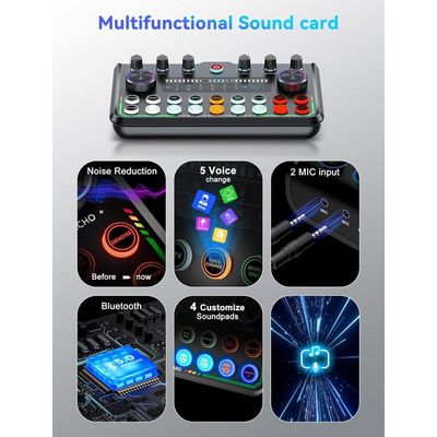 Kit Podcast Tout-en-Un – Micro Condensateur, Interface Audio, Effets Vocaux & 12 Sons Fun – Idéal Streaming & Enregistrement