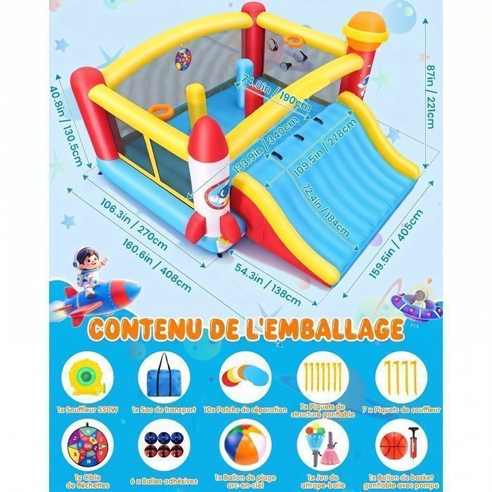 COSTWAY Château Gonflable Pour Enfants Avec Souffleur 680W - Toboggan, Mur D Escalade Et Panier De Basket 340 X 335 X 233 Cm