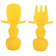 2 pcs bébé cuillère fourchette Ensemble de tablette auto-alimentant en tout-petits ustensiles antidérapants en silicone jaune-0