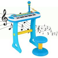 COSTWAY Piano pour Enfants de 3+ Ans avec 31 Touches,Tabouret,Microphone, Effets Lumineux, 8 Tonalités,7 Rythmes, 45x23x45cm, Bleu