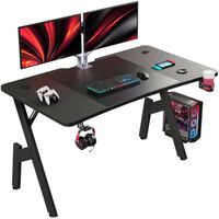 HLFURNIEU 140×60 cm Bureau Gamer pour Gaming PC Informatique Ergonomique, Table en Fibre de Carbone, Desk avec Porte Gobelet