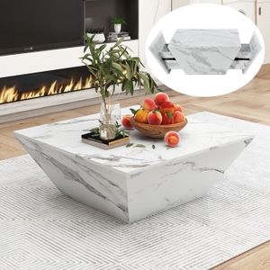 TABLE BASSE Table basse moderne en placage de marbre blanc - JAERLIUB - trapézoïdale - 2 tiroirs - 70 x 70 x 37cm