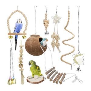 JOUET 9 Pcs Parrots Chewing Natural Wood and Rope Bird T