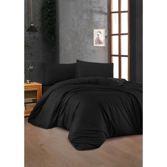 Parure De Lit Coton 200x230 Cm - Housse De Couette + Drap + 2 Taies - Fermeture Éclair - Noir